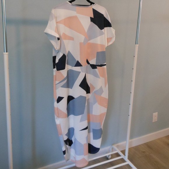 Abstract Geometric Print Tie-belt Dress Blue Pink White - Size XL - Picture 4 of 8